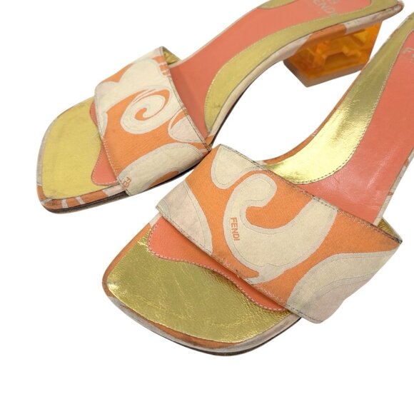 FENDI Vintage FF Logo Sandals Block Heels #36.5 Orange Gold Canvas [106216] - Picture 7 of 11
